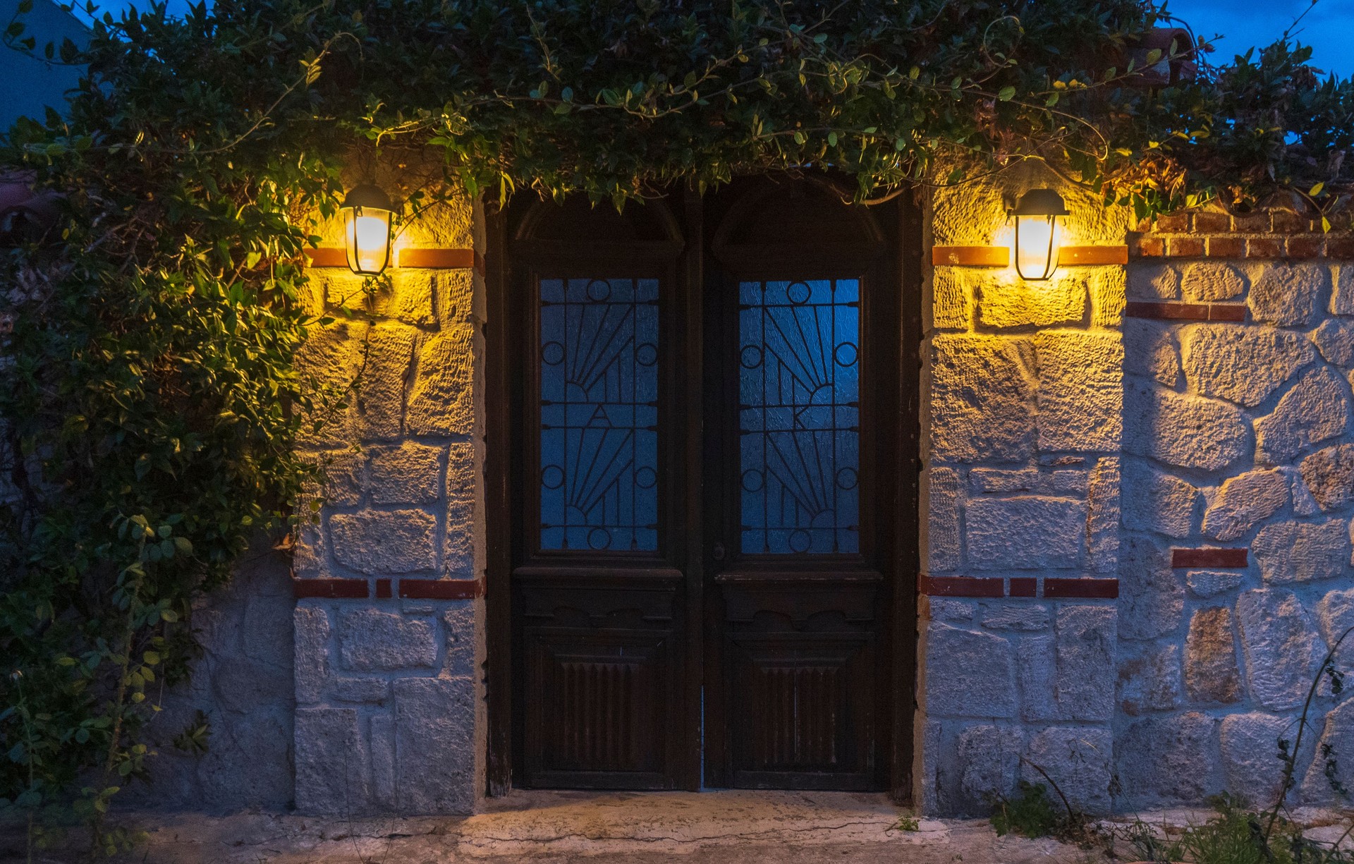 Old wooden door at night.